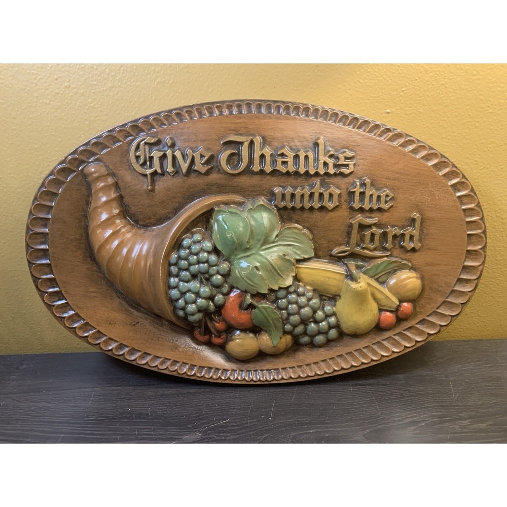 Vintage 3D Fruit Give Thanks Unto The Lord Fruit Cornucopia WALL PLATE